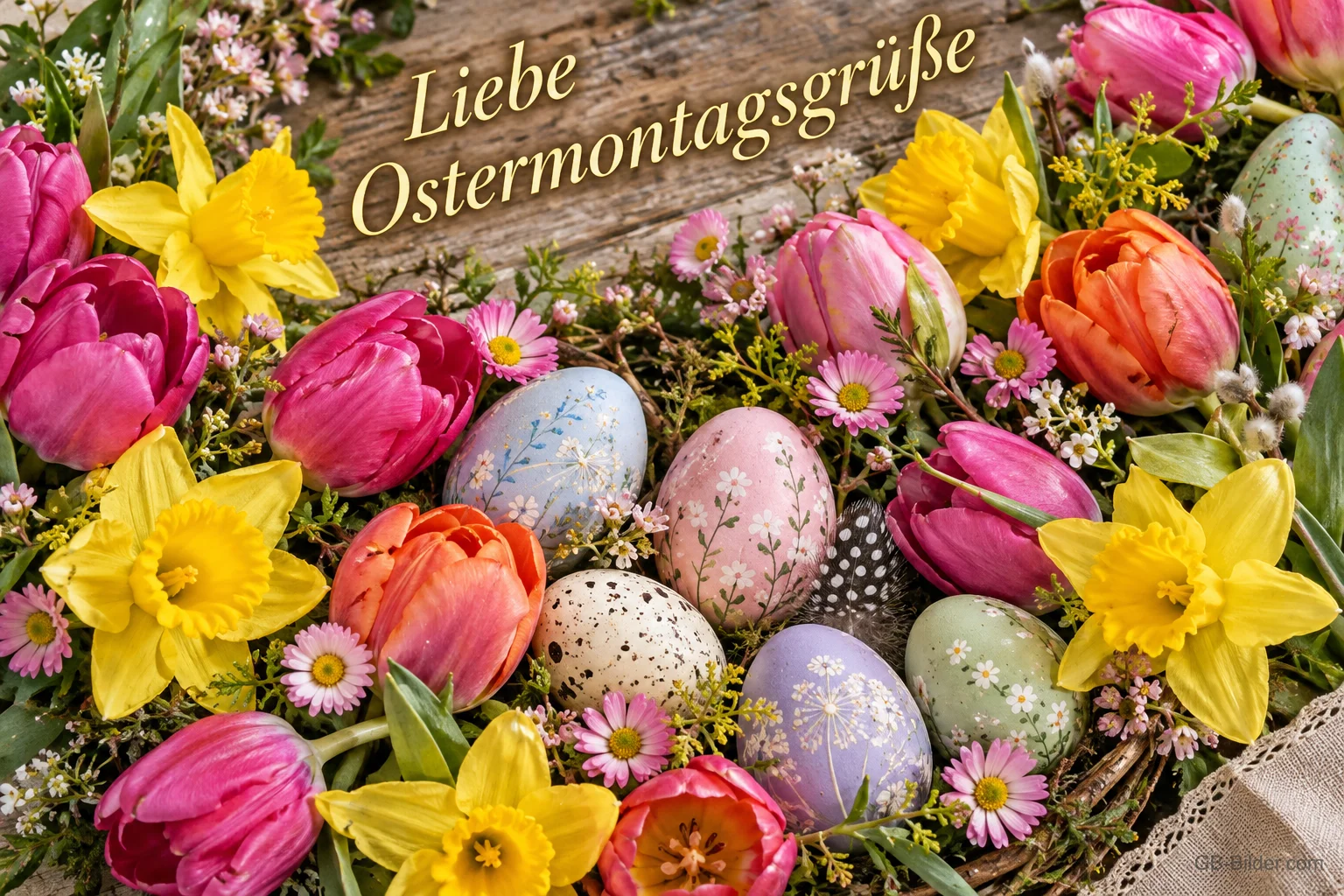 Pastellfarbene Ostereier zwischen Tulpen und Narzissen, Text: Liebe Ostermontagsgrüße