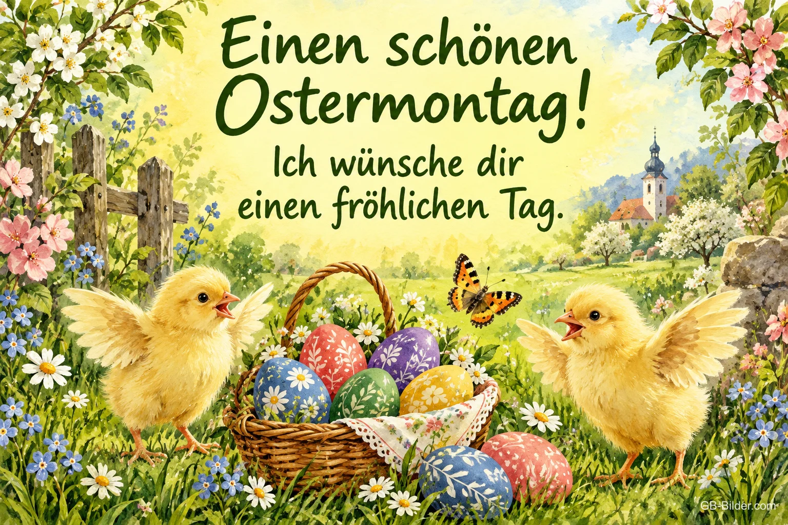 Zwei Küken neben einem Korb mit bemalten Ostereiern, Text: Einen schönen Ostermontag! – Ich wünsche dir einen fröhlichen Tag.
