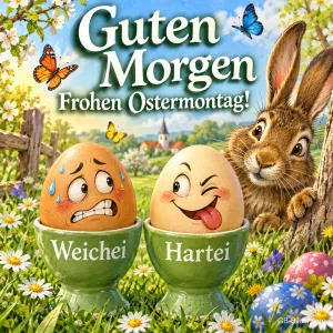 Zwei Eier mit Gesichtern in Eierbechern, eines ängstlich, eines frech, ein Hase schaut zu, Text: Guten Morgen – Frohen Ostermontag!