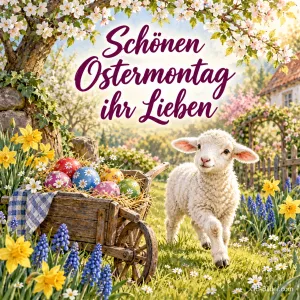 Lamm läuft neben einer Schubkarre mit Ostereiern durch einen Frühlingsgarten, Text: Schönen Ostermontag, ihr Lieben