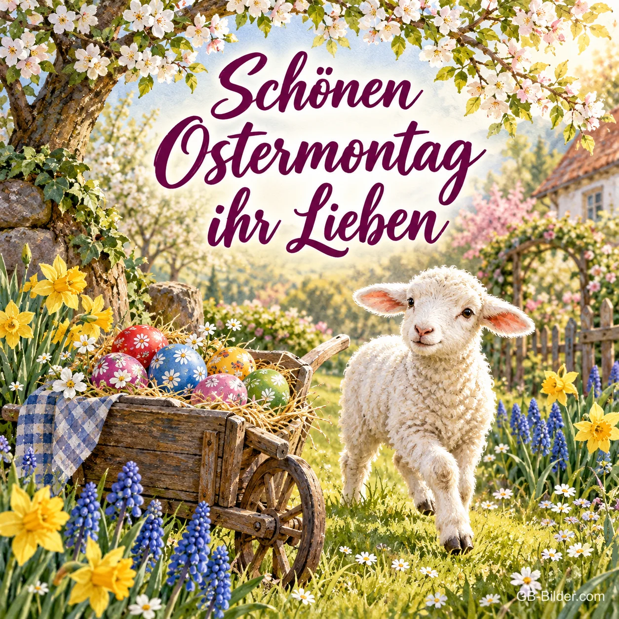 Lamm läuft neben einer Schubkarre mit Ostereiern durch einen Frühlingsgarten, Text: Schönen Ostermontag, ihr Lieben