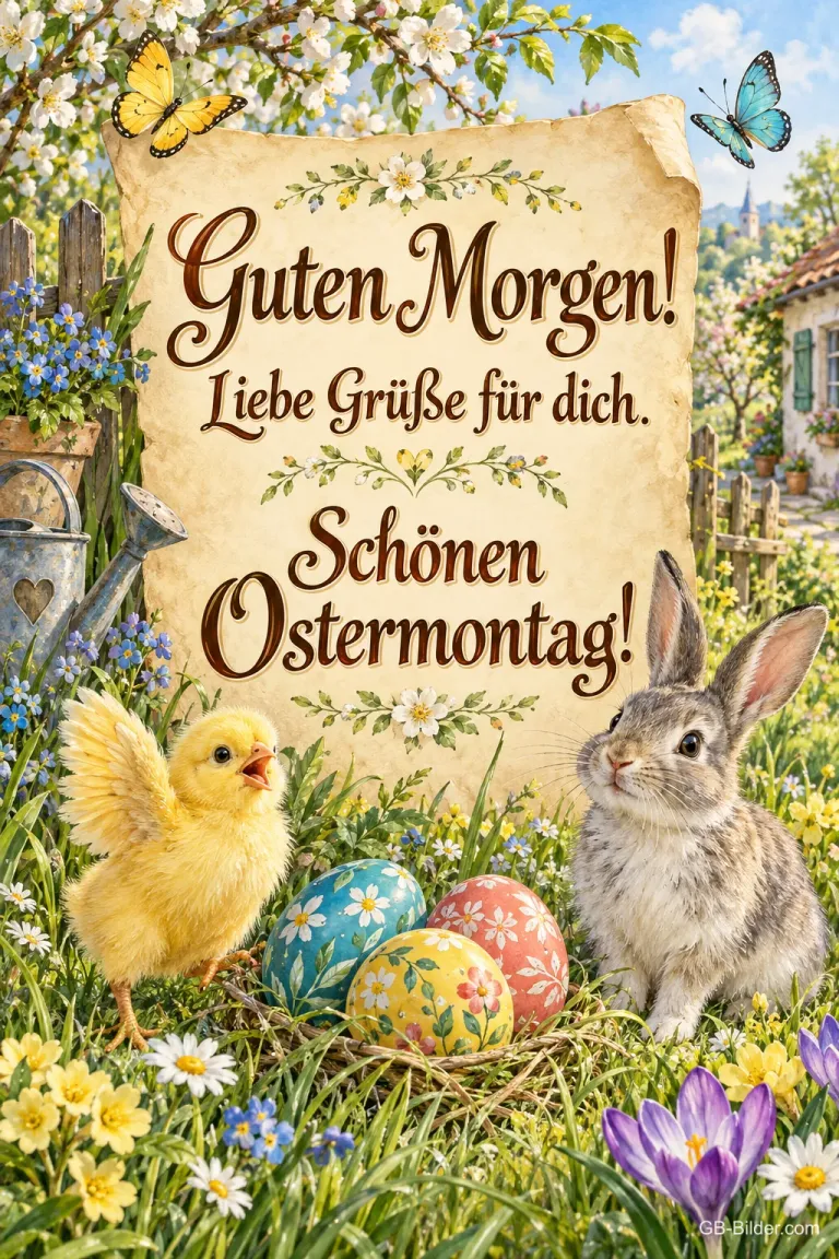 Küken und Hase vor einer Schriftrolle zwischen Ostereiern, Text: Guten Morgen! – Liebe Grüße für dich. Schönen Ostermontag!