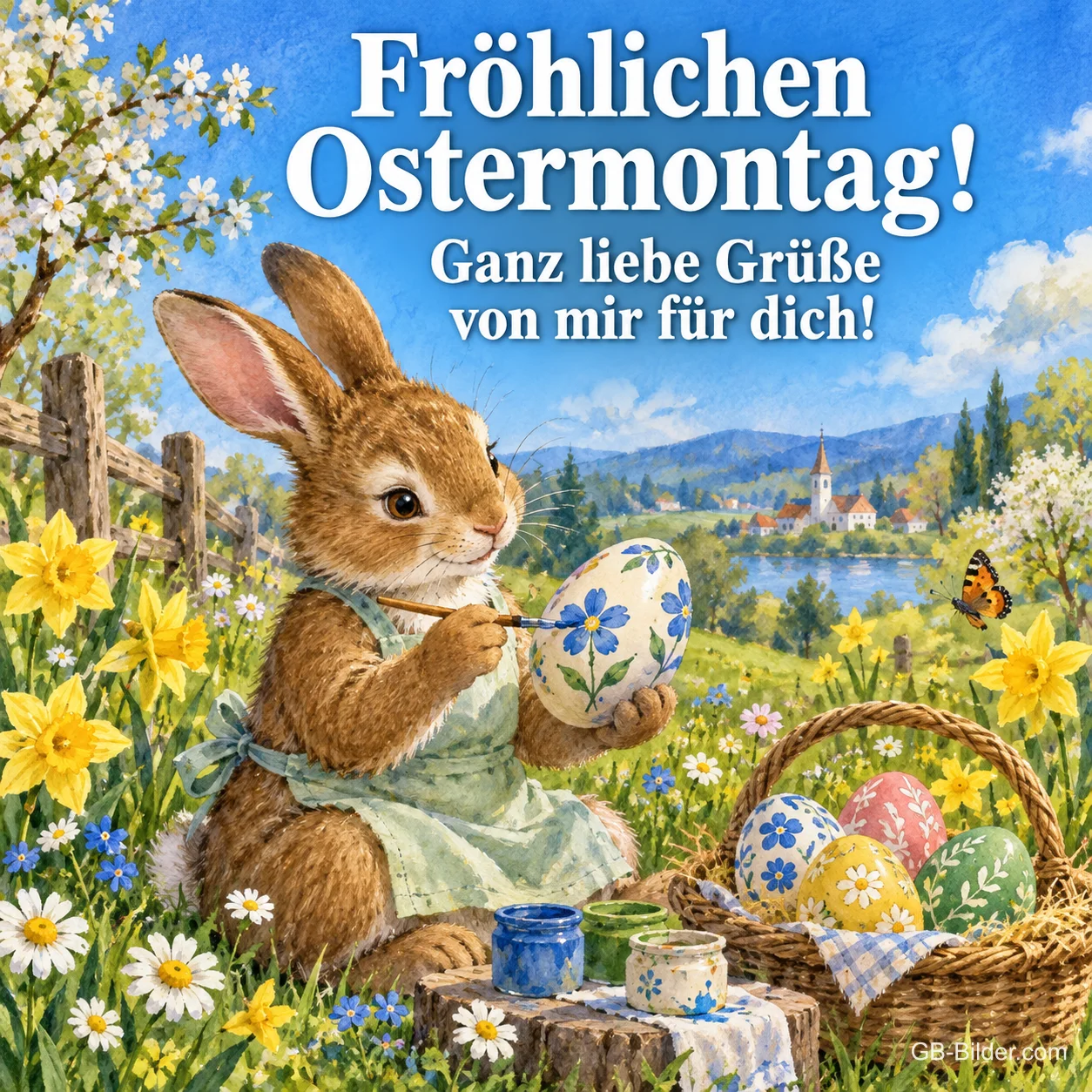 Hase bemalt ein Osterei auf einer Frühlingswiese, Text: Fröhlichen Ostermontag! – Ganz liebe Grüße von mir für dich!
