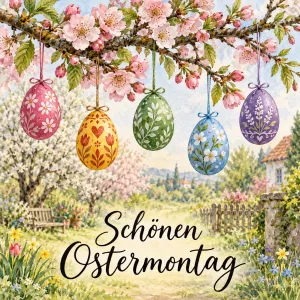 Bemalte Ostereier hängen an einem blühenden Zweig, Text: Schönen Ostermontag
