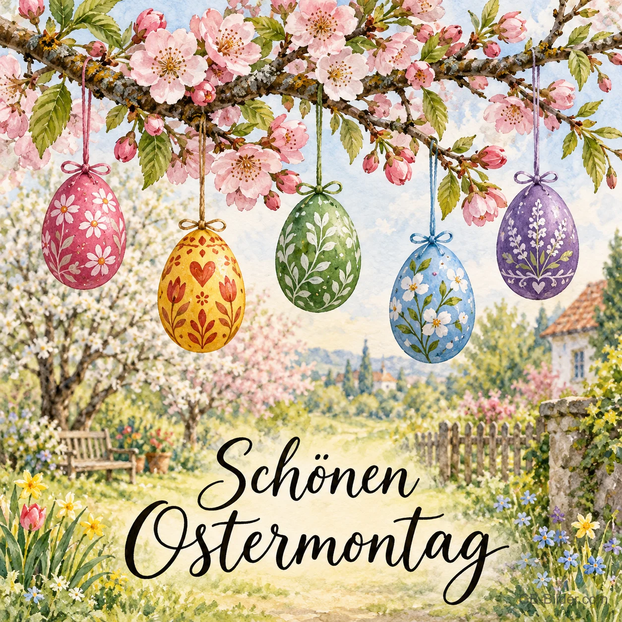 Bemalte Ostereier hängen an einem blühenden Zweig, Text: Schönen Ostermontag