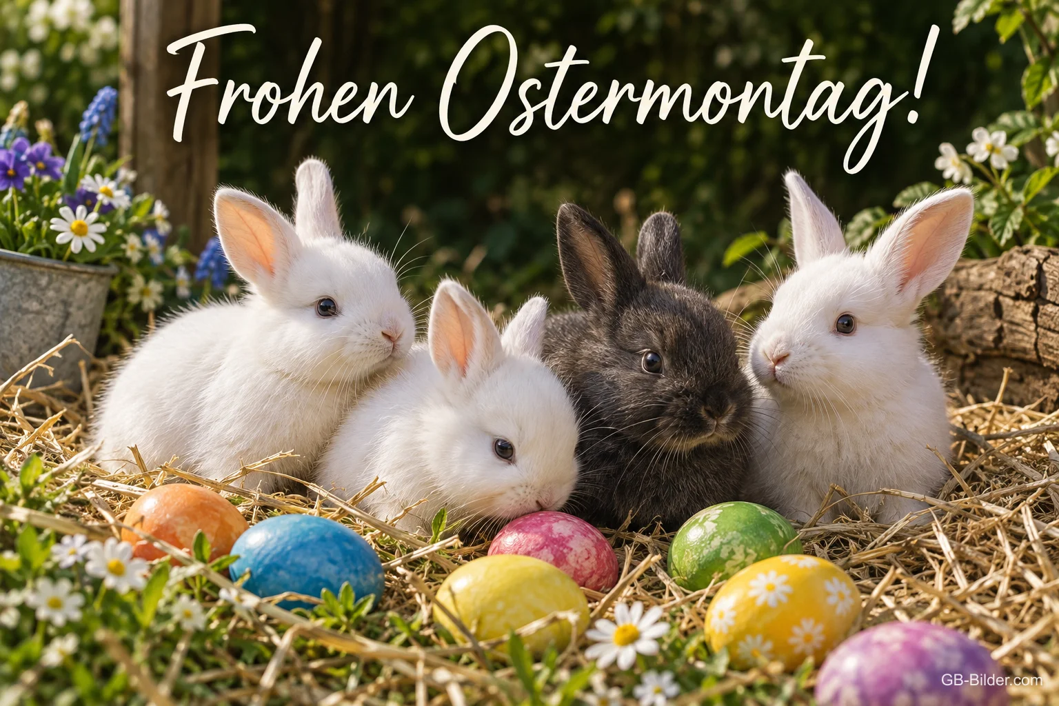 Vier Häschen im Stroh hinter bunten Ostereiern, Text: Frohen Ostermontag!