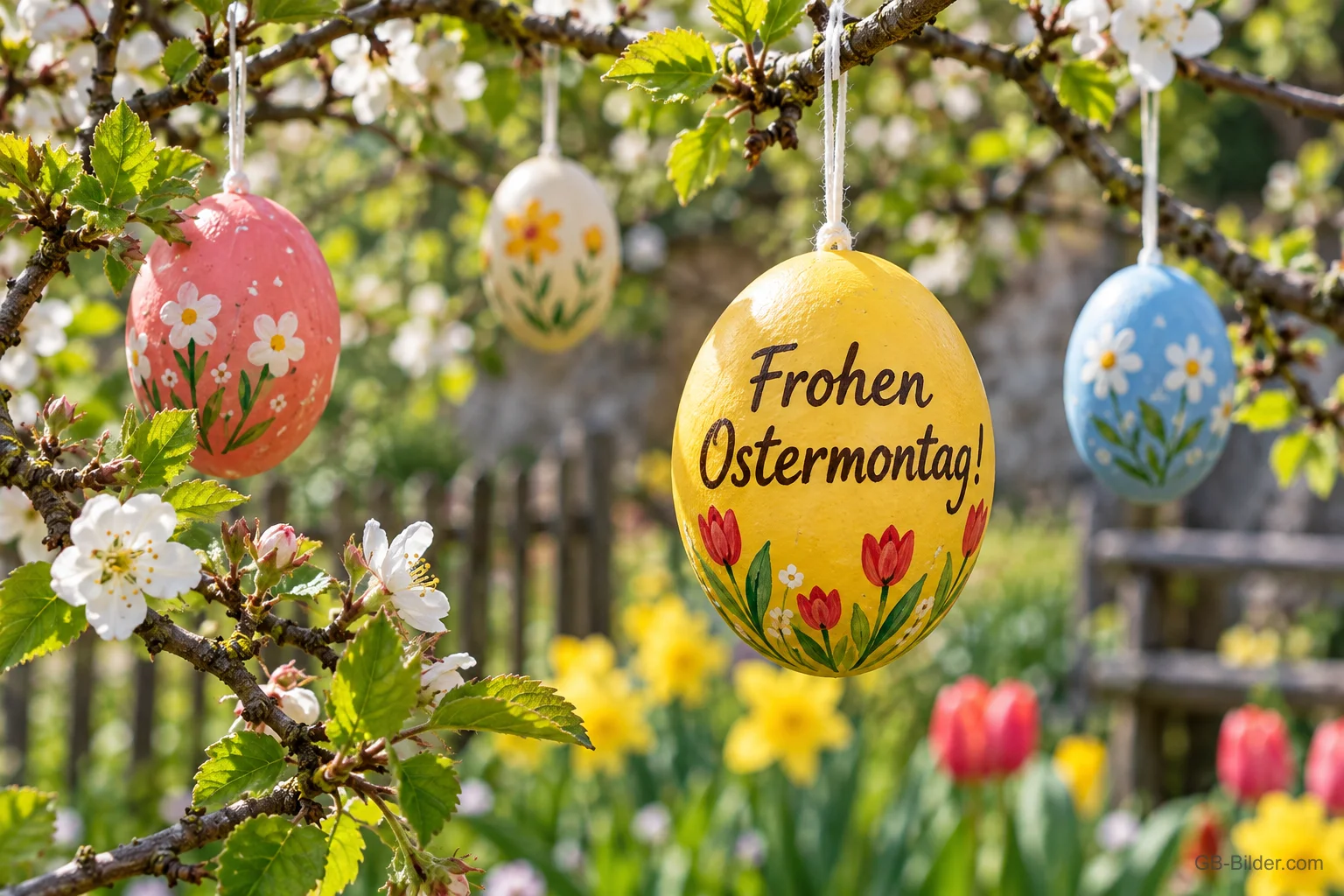 Bemalte Ostereier hängen an blühenden Zweigen, Text: Frohen Ostermontag!
