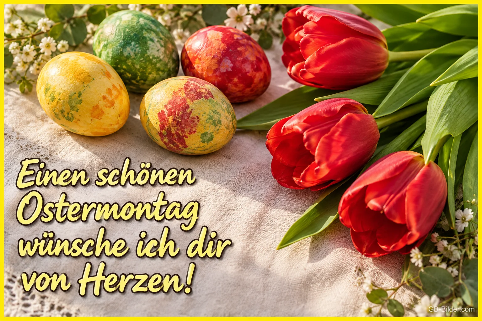 Gefärbte Ostereier und rote Tulpen auf einem Tuch, Text: Einen schönen Ostermontag – wünsche ich dir von Herzen! Gefärbte Ostereier und rote Tulpen auf einem Tuch, Text: Einen schönen Ostermontag – wünsche ich dir von Herzen!
