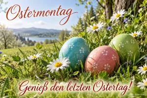 Bemalte Ostereier zwischen Gänseblümchen am See, Text: Ostermontag – Genieß den letzten Ostertag!