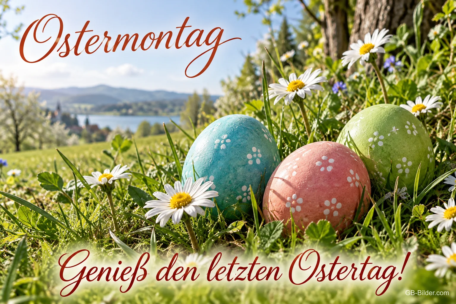 Bemalte Ostereier zwischen Gänseblümchen am See, Text: Ostermontag – Genieß den letzten Ostertag! Bemalte Ostereier zwischen Gänseblümchen am See, Text: Ostermontag – Genieß den letzten Ostertag!