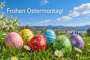 Bunt bemalte Ostereier in einer Frühlingswiese, Text: Frohen Ostermontag!