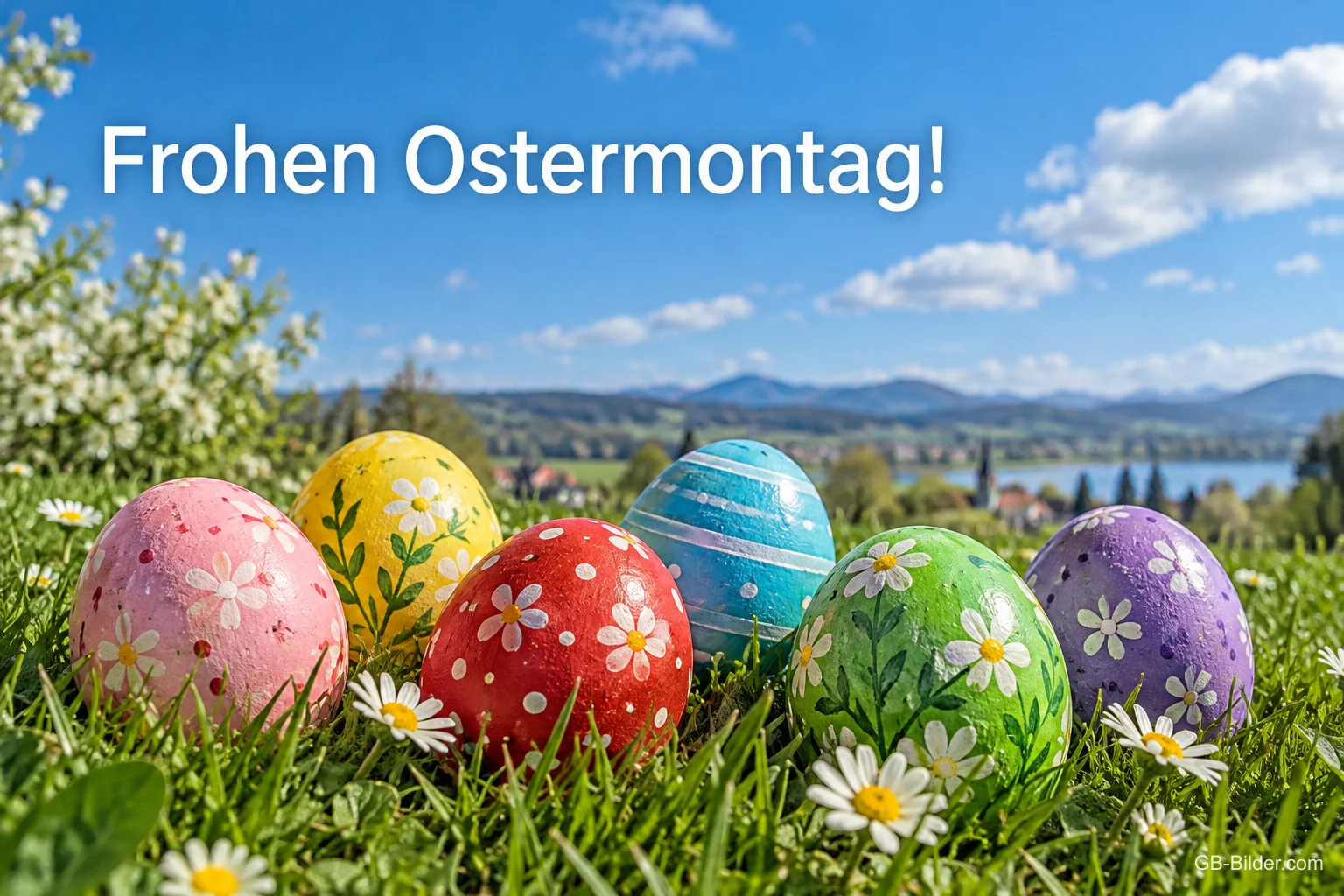 Bunt bemalte Ostereier in einer Frühlingswiese, Text: Frohen Ostermontag! Bunt bemalte Ostereier in einer Frühlingswiese, Text: Frohen Ostermontag!