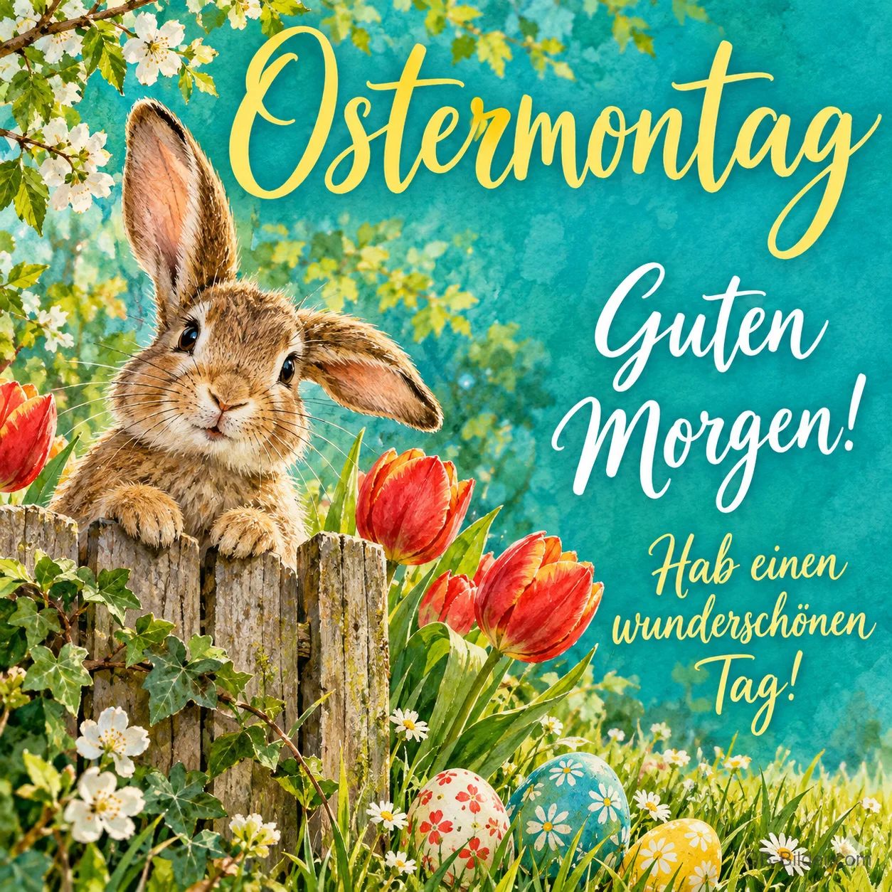 Hase schaut über einen Gartenzaun zwischen Tulpen und Ostereiern, Text: Ostermontag – Guten Morgen! Hab einen wunderschönen Tag! Hase schaut über einen Gartenzaun zwischen Tulpen und Ostereiern, Text: Ostermontag – Guten Morgen! Hab einen wunderschönen Tag!