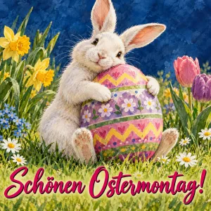 Weißer Hase umarmt ein großes bemaltes Osterei zwischen Narzissen, Text: Schönen Ostermontag!