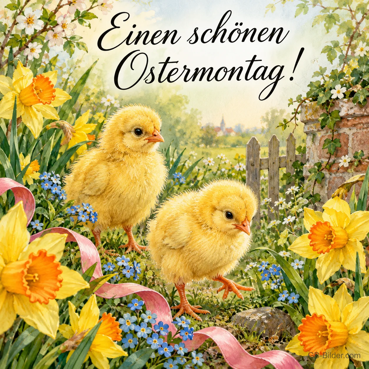 Zwei Küken zwischen Narzissen und Vergissmeinnicht, Text: Einen schönen Ostermontag! Zwei Küken zwischen Narzissen und Vergissmeinnicht, Text: Einen schönen Ostermontag!