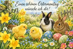 Zwei Küken und zwei Hasen zwischen Narzissen und Ostereiern, Text: Einen schönen Ostermontag – wünsche ich dir!