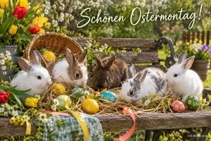 Fünf Häschen sitzen auf einer Gartenbank zwischen Ostereiern, Text: Schönen Ostermontag!