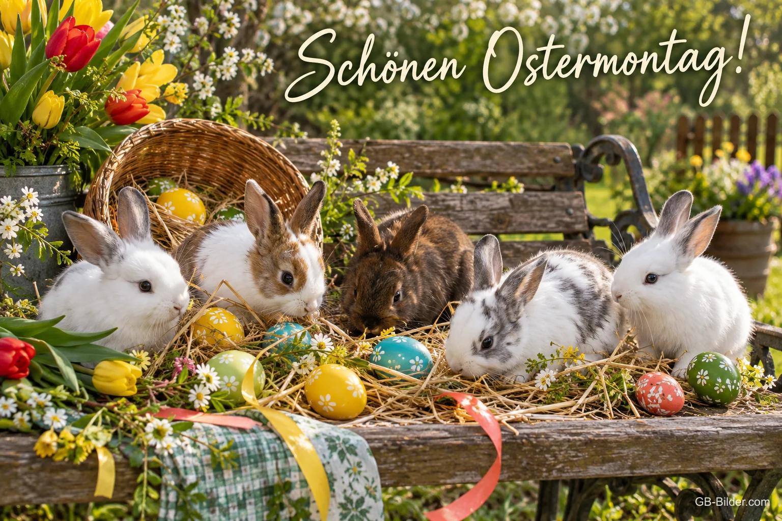 Fünf Häschen sitzen auf einer Gartenbank zwischen Ostereiern, Text: Schönen Ostermontag! Fünf Häschen sitzen auf einer Gartenbank zwischen Ostereiern, Text: Schönen Ostermontag!