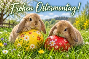 Zwei Widderkaninchen auf bemalten Ostereiern in der Wiese, Text: Frohen Ostermontag!