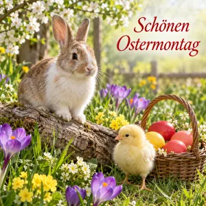 Hase auf einem Baumstamm, Küken und Osterkorb zwischen Krokussen, Text: Schönen Ostermontag