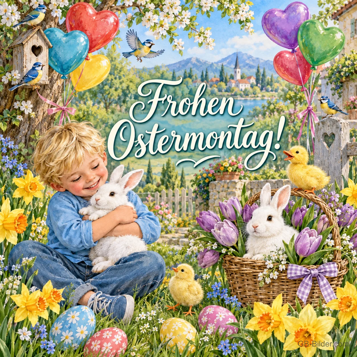 Junge umarmt einen Hasen zwischen Narzissen, Herzballons, Text: Frohen Ostermontag! Junge umarmt einen Hasen zwischen Narzissen, Herzballons, Text: Frohen Ostermontag!