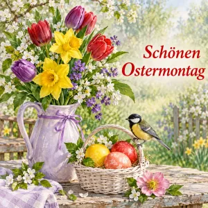 Krug mit Tulpen und Narzissen, Korb mit Ostereiern und Meise, Text: Schönen – Ostermontag