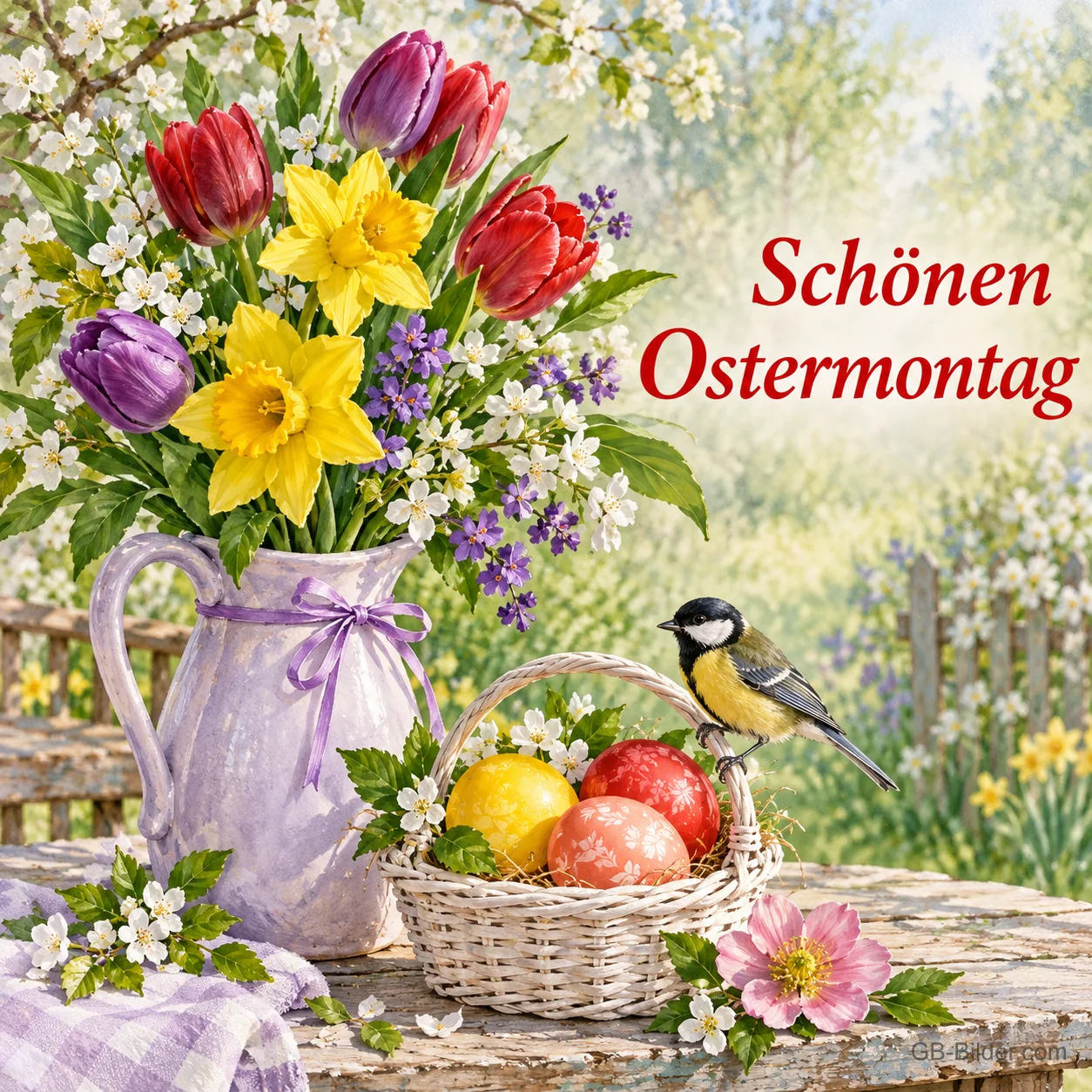 Krug mit Tulpen und Narzissen, Korb mit Ostereiern und Meise, Text: Schönen – Ostermontag Krug mit Tulpen und Narzissen, Korb mit Ostereiern und Meise, Text: Schönen – Ostermontag
