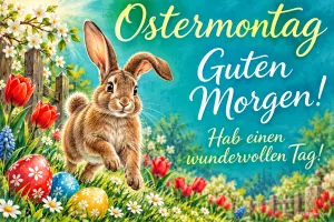 Hase hüpft über eine Frühlingswiese mit Ostereiern, Text: Ostermontag – Guten Morgen! Hab einen wundervollen Tag!