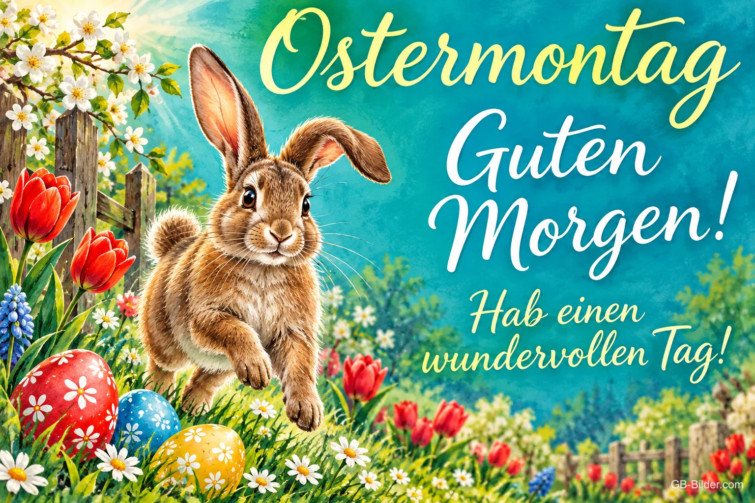 Hase hüpft über eine Frühlingswiese mit Ostereiern, Text: Ostermontag – Guten Morgen! Hab einen wundervollen Tag! Hase hüpft über eine Frühlingswiese mit Ostereiern, Text: Ostermontag – Guten Morgen! Hab einen wundervollen Tag!