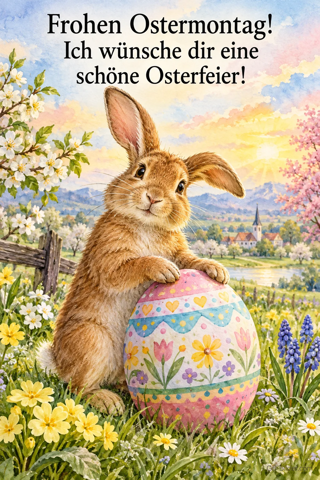 Hase lehnt an einem bemalten Osterei in einer Frühlingswiese, Text: Frohen Ostermontag! – Ich wünsche dir eine schöne Osterfeier! Hase lehnt an einem bemalten Osterei in einer Frühlingswiese, Text: Frohen Ostermontag! – Ich wünsche dir eine schöne Osterfeier!