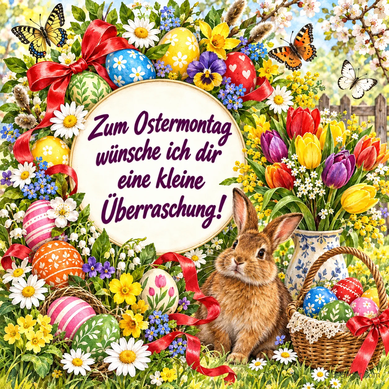 Hase sitzt vor einem Kranz aus Frühlingsblumen und Ostereiern, Text: Zum Ostermontag wünsche ich dir eine kleine Überraschung! Hase sitzt vor einem Kranz aus Frühlingsblumen und Ostereiern, Text: Zum Ostermontag wünsche ich dir eine kleine Überraschung!
