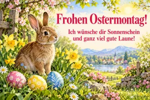 Hase sitzt zwischen Narzissen und bunten Ostereiern, Text: Frohen Ostermontag! – Ich wünsche dir Sonnenschein und ganz viel gute Laune!