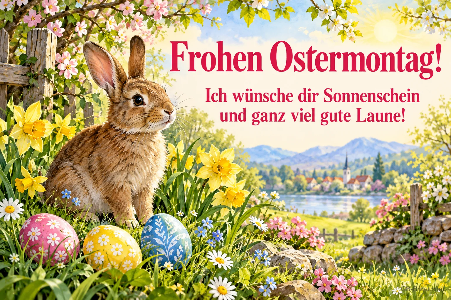 Hase sitzt zwischen Narzissen und bunten Ostereiern, Text: Frohen Ostermontag! – Ich wünsche dir Sonnenschein und ganz viel gute Laune! Hase sitzt zwischen Narzissen und bunten Ostereiern, Text: Frohen Ostermontag! – Ich wünsche dir Sonnenschein und ganz viel gute Laune!