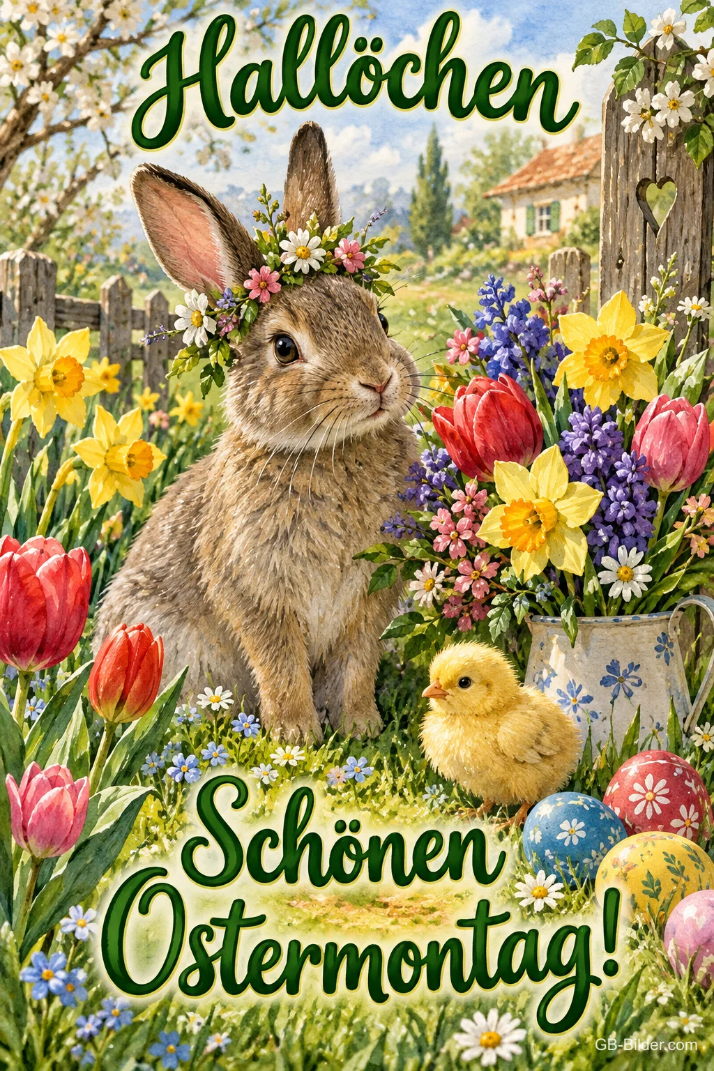 Hase mit Blumenkranz und Küken zwischen Tulpen und Narzissen, Text: Hallöchen – Schönen Ostermontag! Hase mit Blumenkranz und Küken zwischen Tulpen und Narzissen, Text: Hallöchen – Schönen Ostermontag!