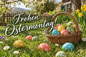 Korb mit bunten Ostereiern auf einer Wiese, Text: Frohen – Ostermontag!