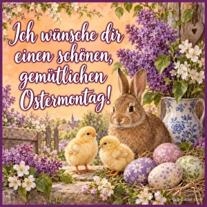 Hase und Küken neben bemalten Ostereiern und Flieder, Text: Ich wünsche dir einen schönen, gemütlichen – Ostermontag!