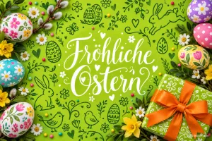 Bunt bemalte Ostereier und Geschenk mit orangefarbener Schleife auf grünem Hintergrund, Text: Fröhliche Ostern