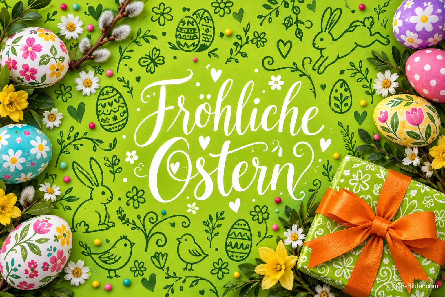 Bunt bemalte Ostereier und Geschenk mit orangefarbener Schleife auf grünem Hintergrund, Text: Fröhliche Ostern
