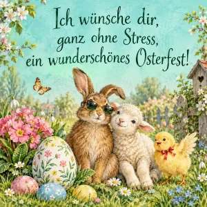 Hase mit Sonnenbrille, Lamm und Küken kuscheln zwischen Ostereiern, Text: Ich wünsche dir, ganz ohne Stress, ein wunderschönes Osterfest!