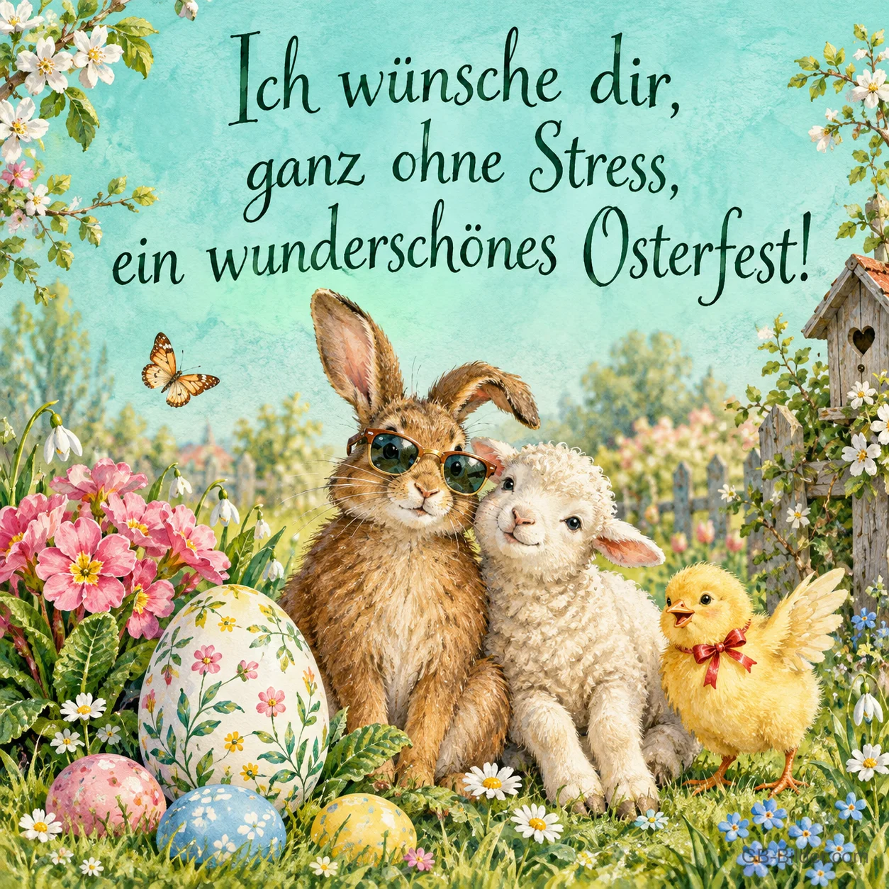 Hase mit Sonnenbrille, Lamm und Küken kuscheln zwischen Ostereiern, Text: Ich wünsche dir, ganz ohne Stress, ein wunderschönes Osterfest! Hase mit Sonnenbrille, Lamm und Küken kuscheln zwischen Ostereiern, Text: Ich wünsche dir, ganz ohne Stress, ein wunderschönes Osterfest!