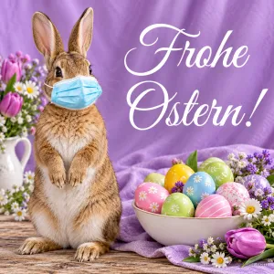 Hase mit Mund-Nasen-Schutz neben einer Schale mit Ostereiern, Text: Frohe Ostern!