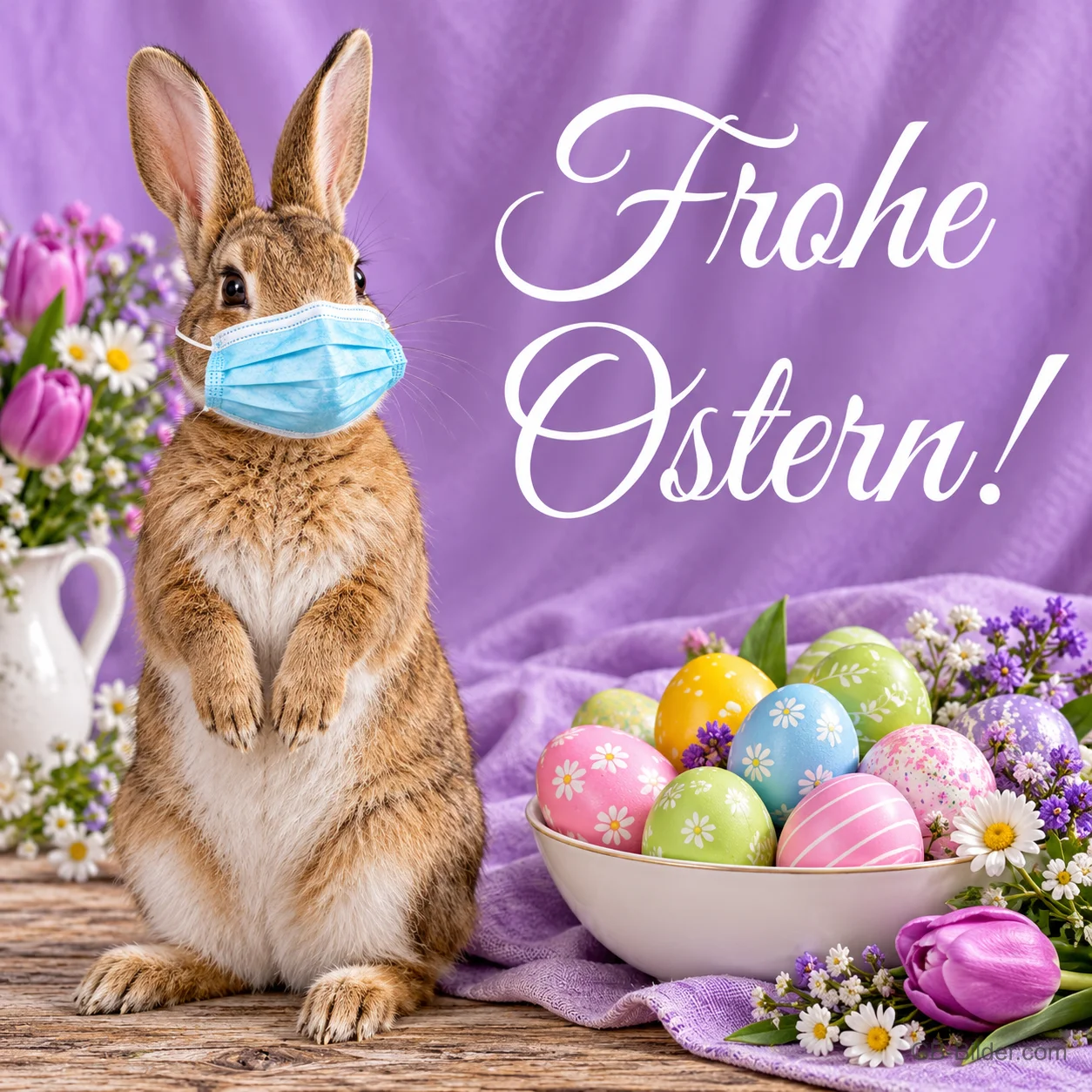 Hase mit Mund-Nasen-Schutz neben einer Schale mit Ostereiern, Text: Frohe Ostern! Hase mit Mund-Nasen-Schutz neben einer Schale mit Ostereiern, Text: Frohe Ostern!