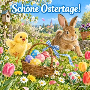Küken und hüpfender Hase neben einem Korb mit Ostereiern, Text: Schöne Ostertage!