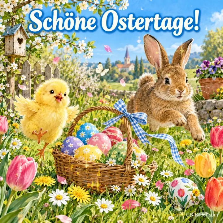 Küken und hüpfender Hase neben einem Korb mit Ostereiern, Text: Schöne Ostertage! Küken und hüpfender Hase neben einem Korb mit Ostereiern, Text: Schöne Ostertage!