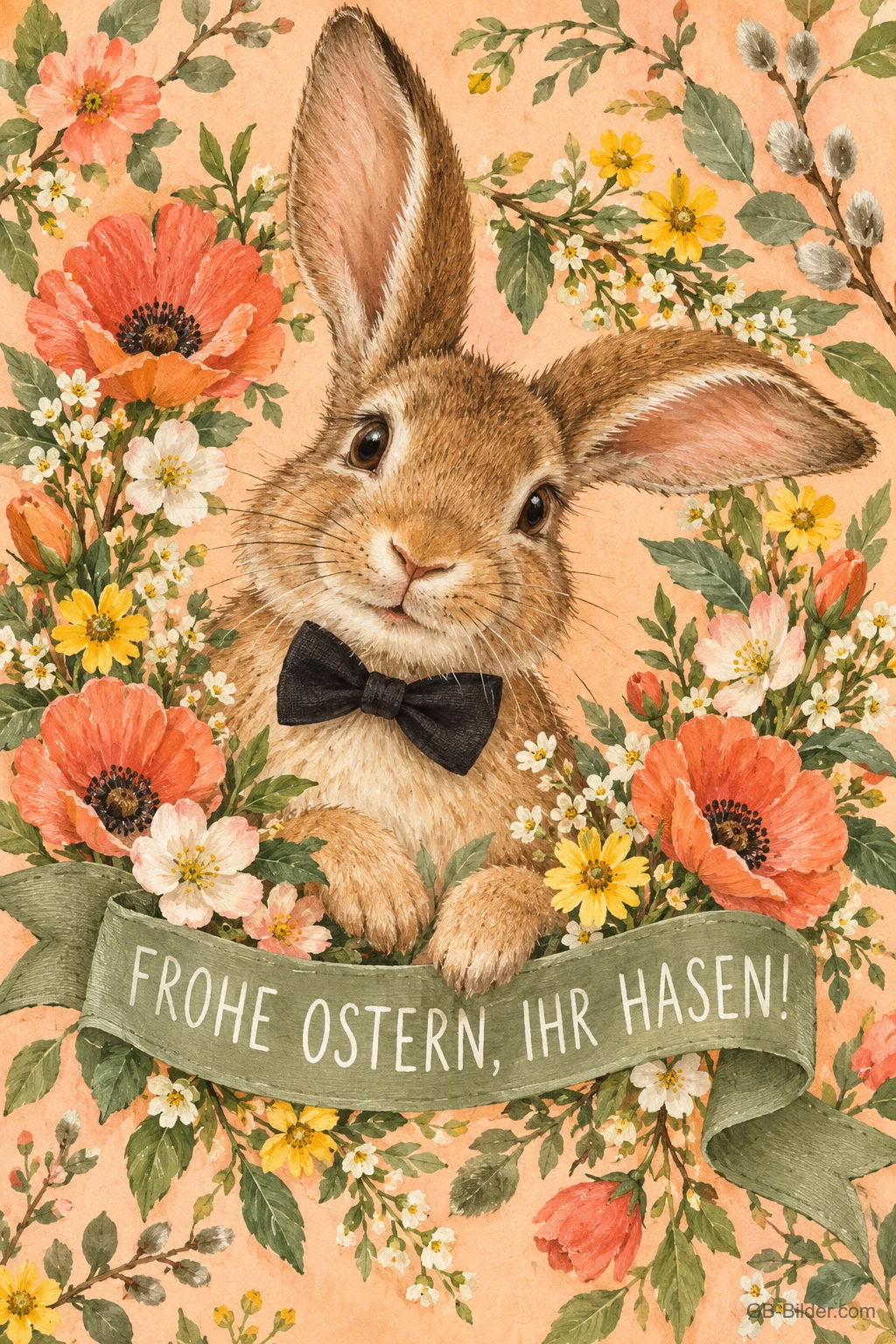 Hase mit schwarzer Fliege in einem Blumenkranz, Text: FROHE OSTERN, IHR HASEN! Hase mit schwarzer Fliege in einem Blumenkranz, Text: FROHE OSTERN, IHR HASEN!