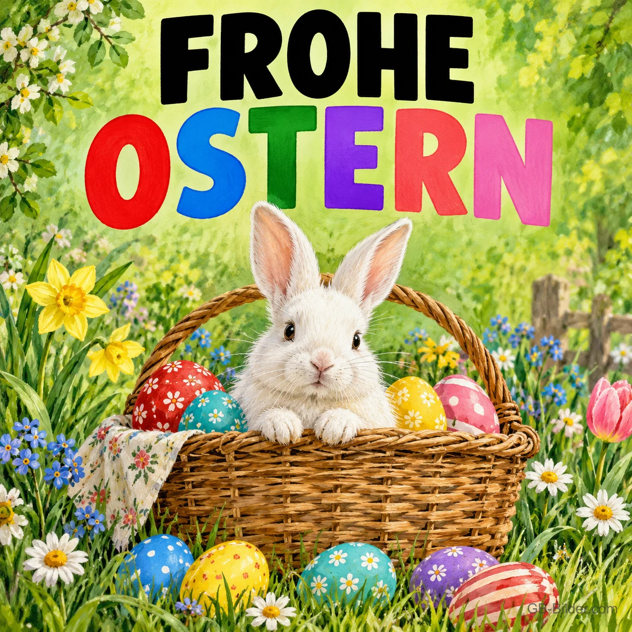 Weißer Hase sitzt in einem Korb mit bunten Ostereiern, Text: FROHE OSTERN Weißer Hase sitzt in einem Korb mit bunten Ostereiern, Text: FROHE OSTERN
