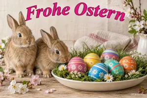 Zwei Hasen neben einer Schale mit bunten Ostereiern, Text: Frohe Ostern