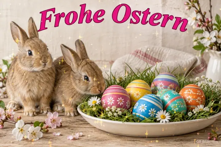 Zwei Hasen neben einer Schale mit bunten Ostereiern, Text: Frohe Ostern Zwei Hasen neben einer Schale mit bunten Ostereiern, Text: Frohe Ostern