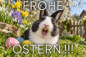 Schwarz-weißer Hase mit weit offenem Maul auf der Wiese, Text: FROHE OSTERN!!!