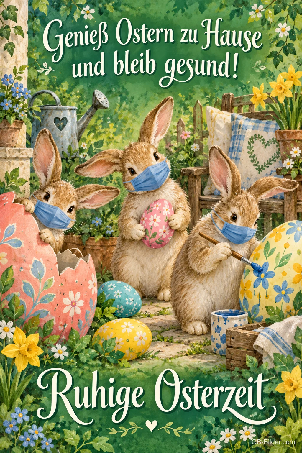 Drei Hasen mit Masken bemalen Ostereier im Garten, Text: Genieß Ostern zu Hause und bleib gesund! Ruhige Osterzeit Drei Hasen mit Masken bemalen Ostereier im Garten, Text: Genieß Ostern zu Hause und bleib gesund! Ruhige Osterzeit